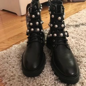 Zara Leather and Pearl Combat Boots